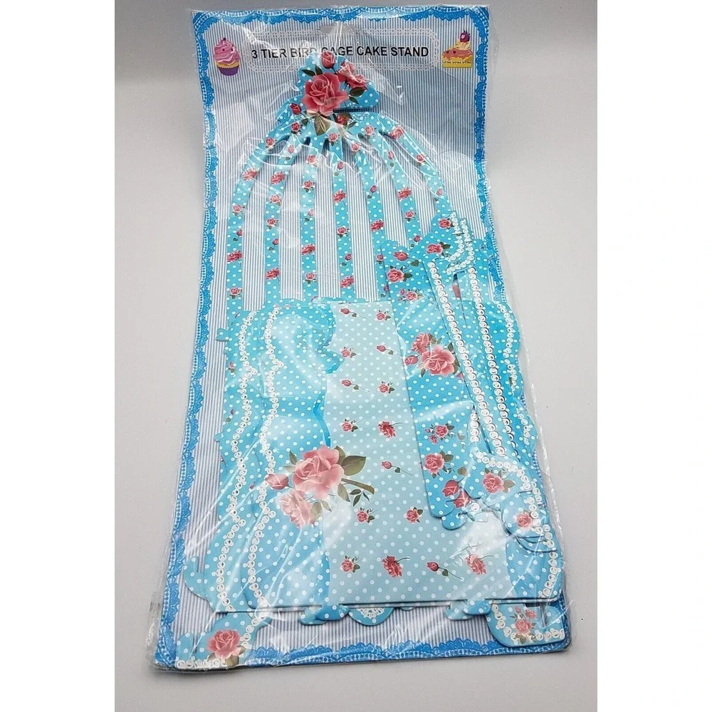 3 Tier Blue with Rose Birdcage Cardboard Cupcake Stand Floral Print Party Events
